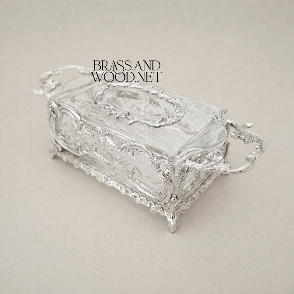 Rococo Brass & Crystal Tissue Box Holder with Acanthus Scroll Frame — Silver