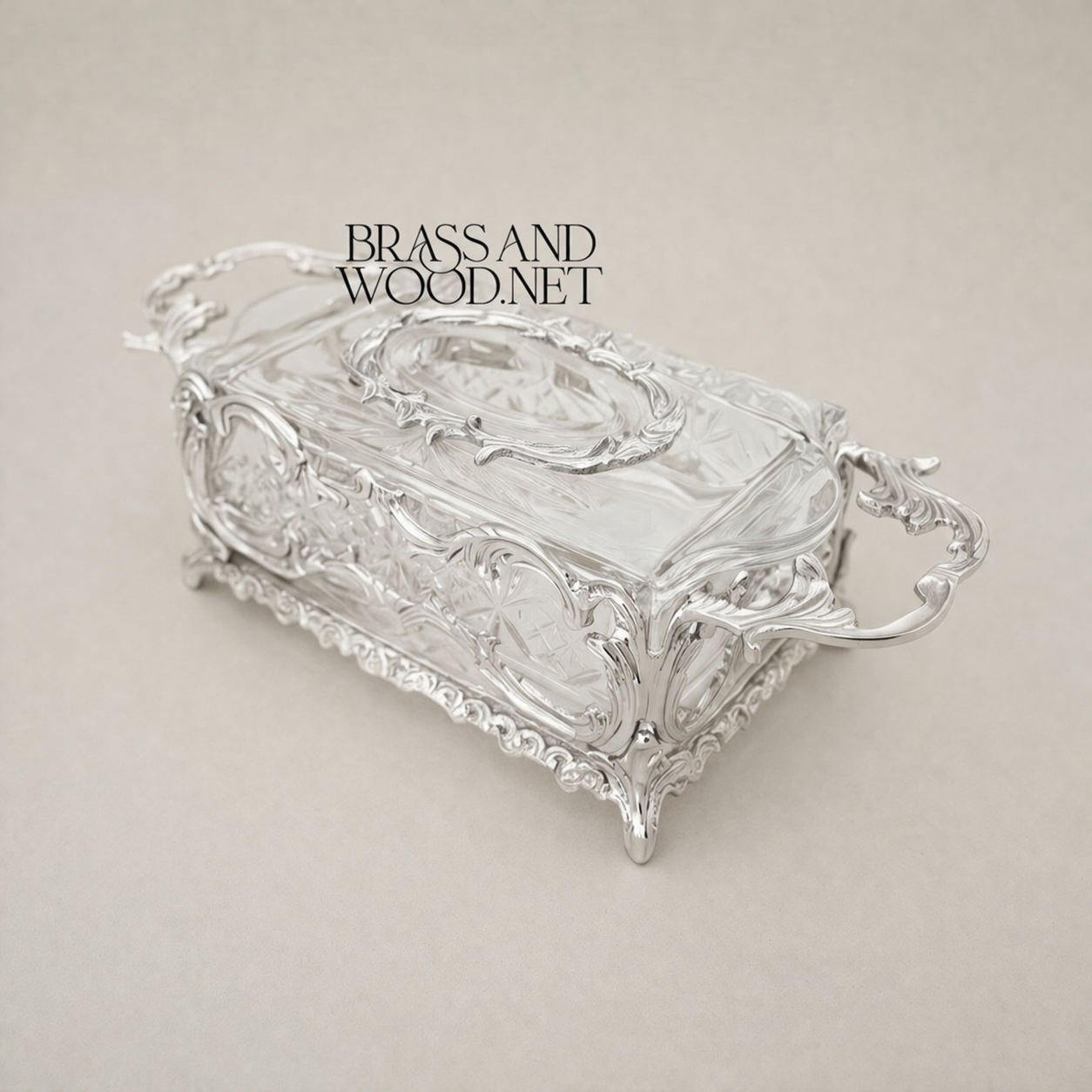 Rococo Brass & Crystal Tissue Box Holder with Acanthus Scroll Frame — Silver