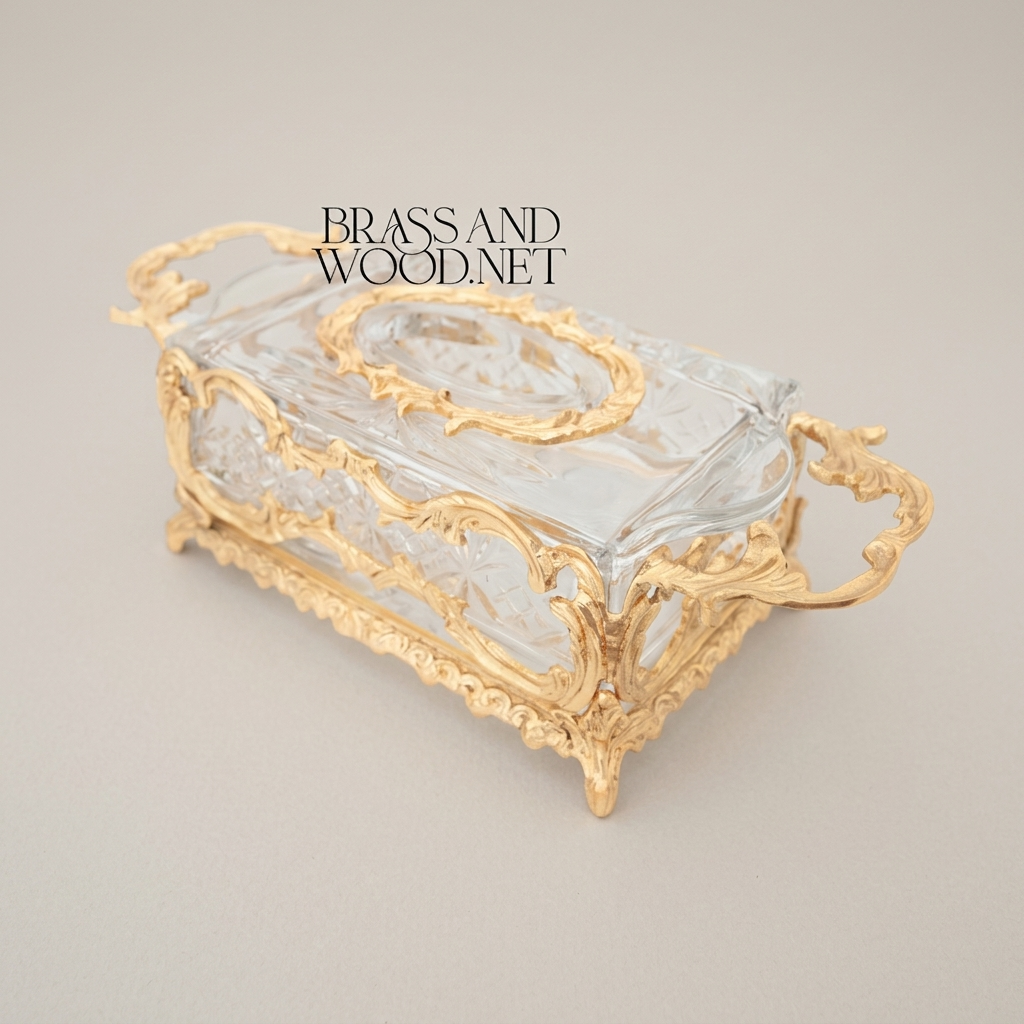 Rococo Brass & Crystal Tissue Box Holder with Acanthus Scroll Frame — Gold