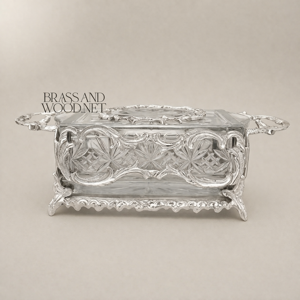 Rococo Brass & Crystal Tissue Box Holder with Acanthus Scroll Frame — Silver