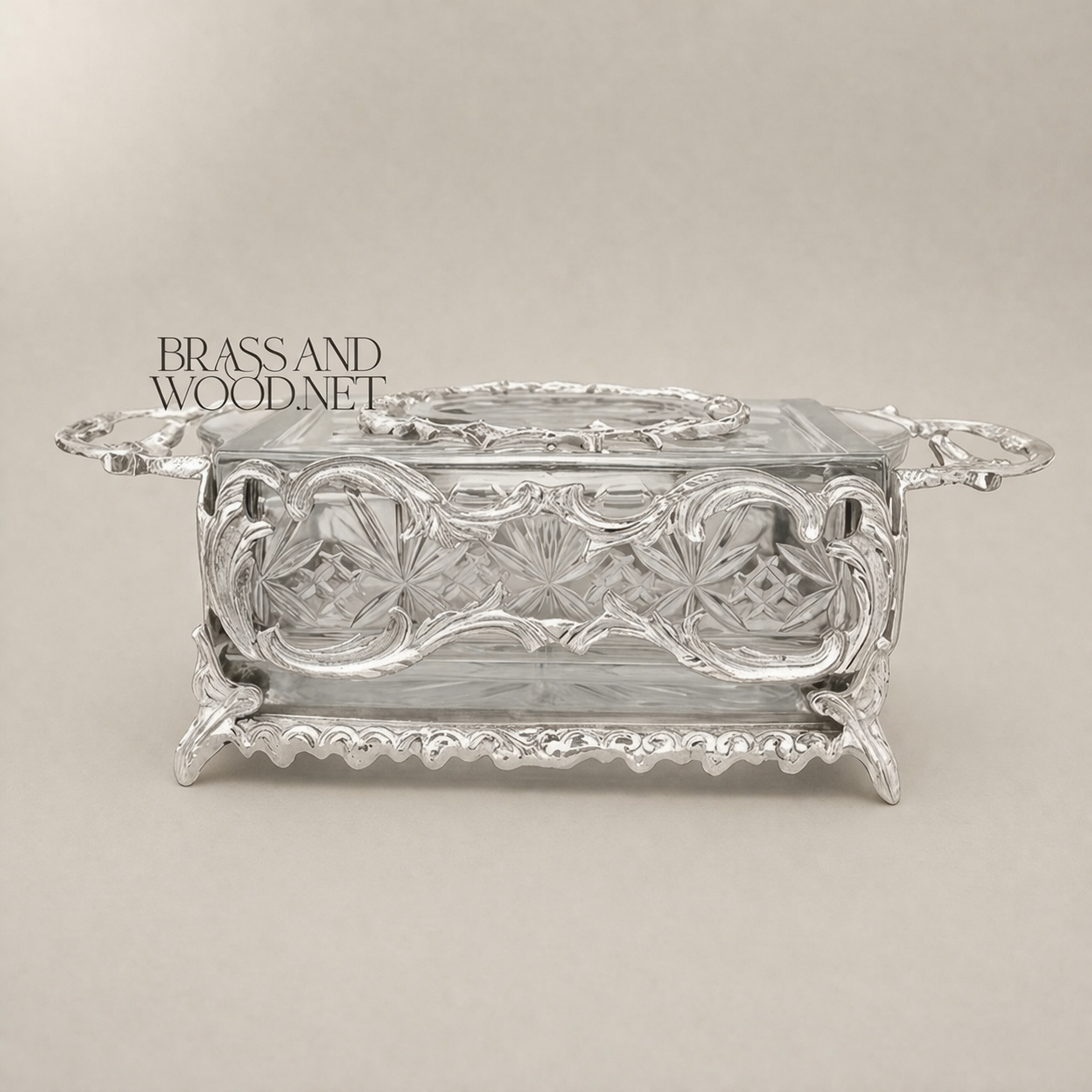 Rococo Brass & Crystal Tissue Box Holder with Acanthus Scroll Frame — Silver