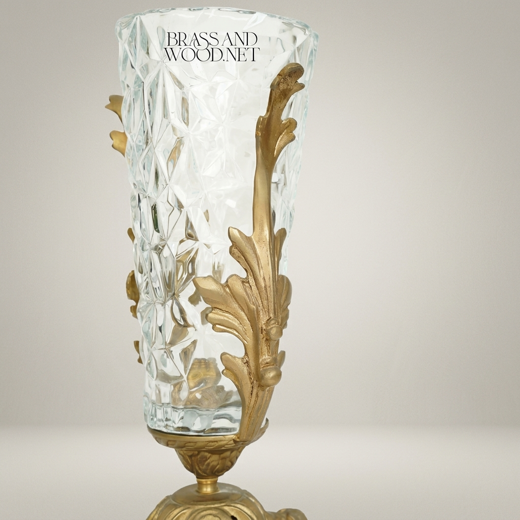 Rococo Brass & Crystal Urn Vase with Acanthus Scroll Handles — Antique Gold
