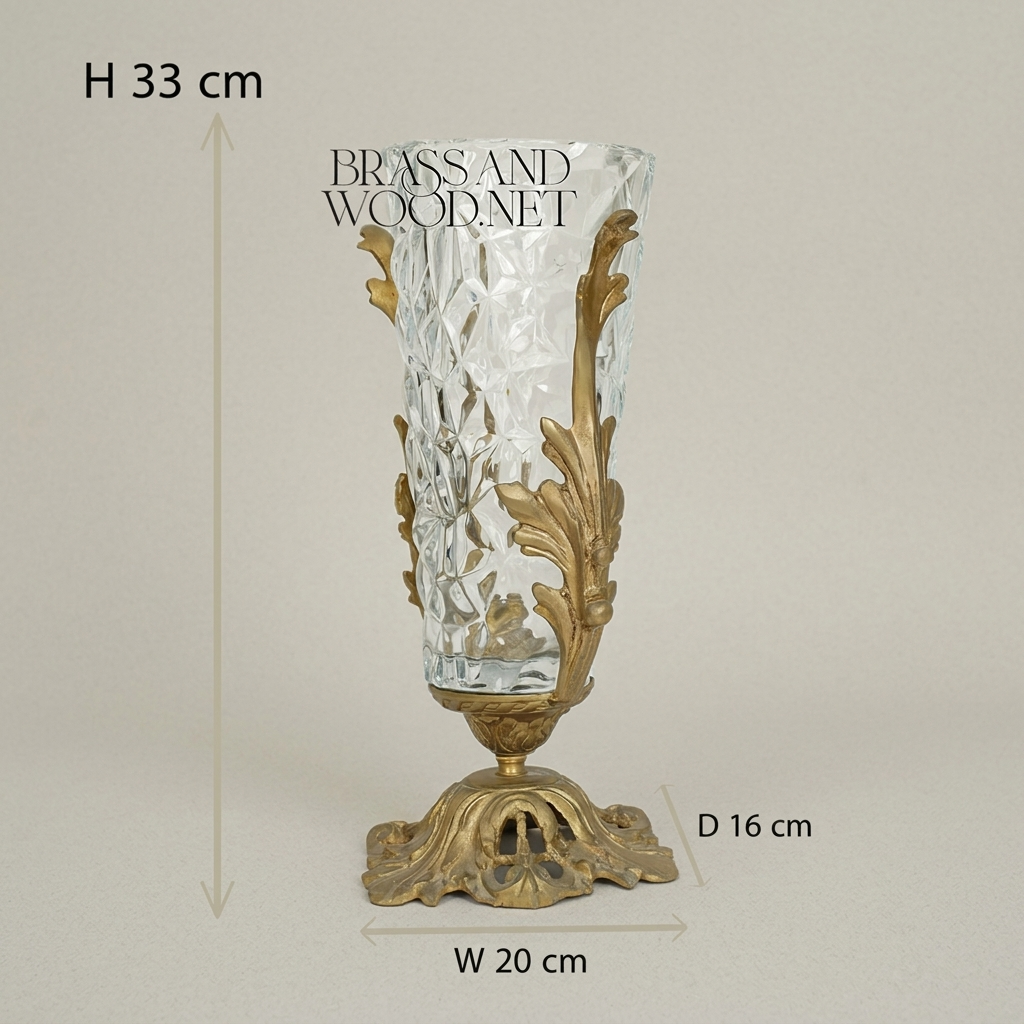 Rococo Brass & Crystal Urn Vase with Acanthus Scroll Handles — Antique Gold