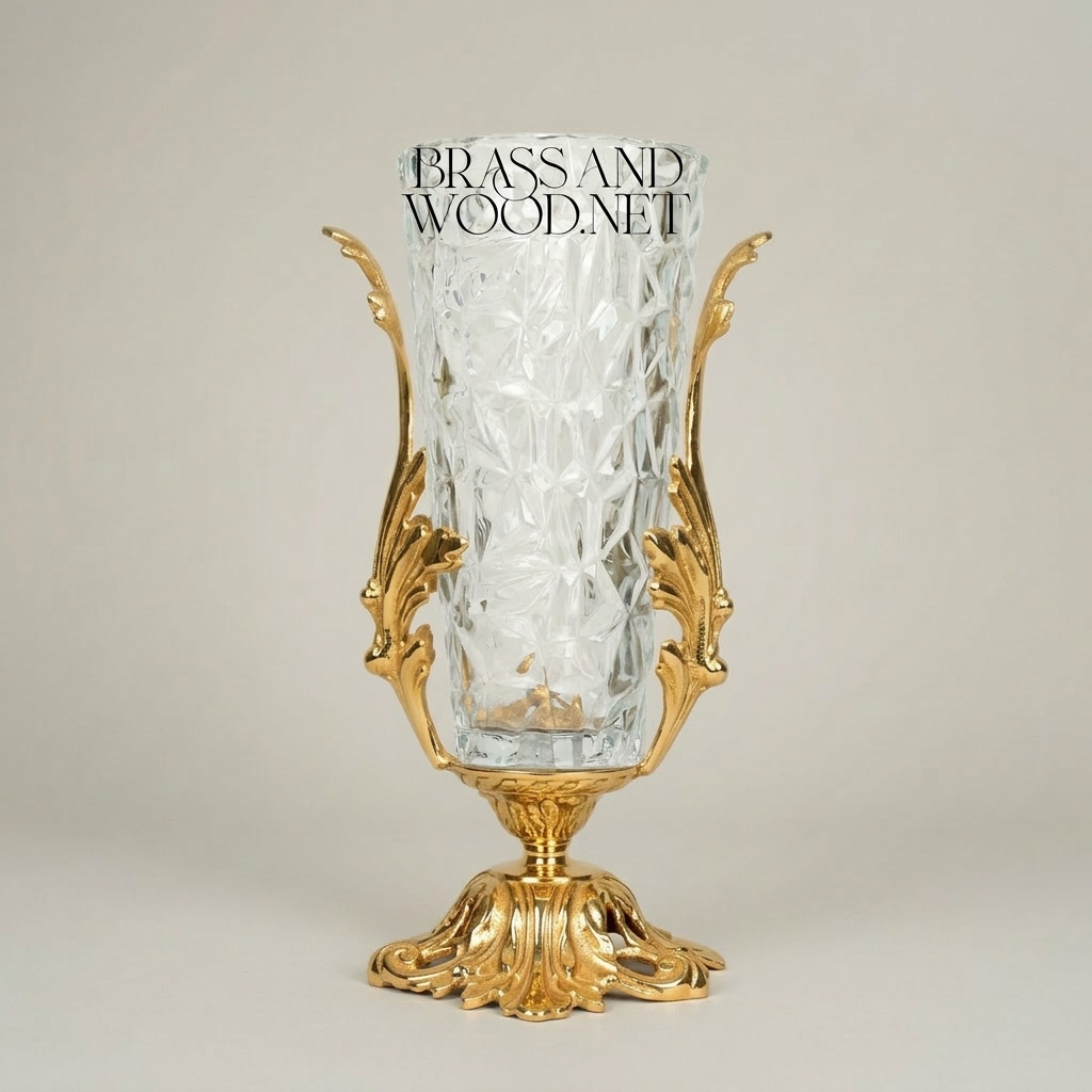 Rococo Brass & Crystal Urn Vase with Acanthus Scroll Handles