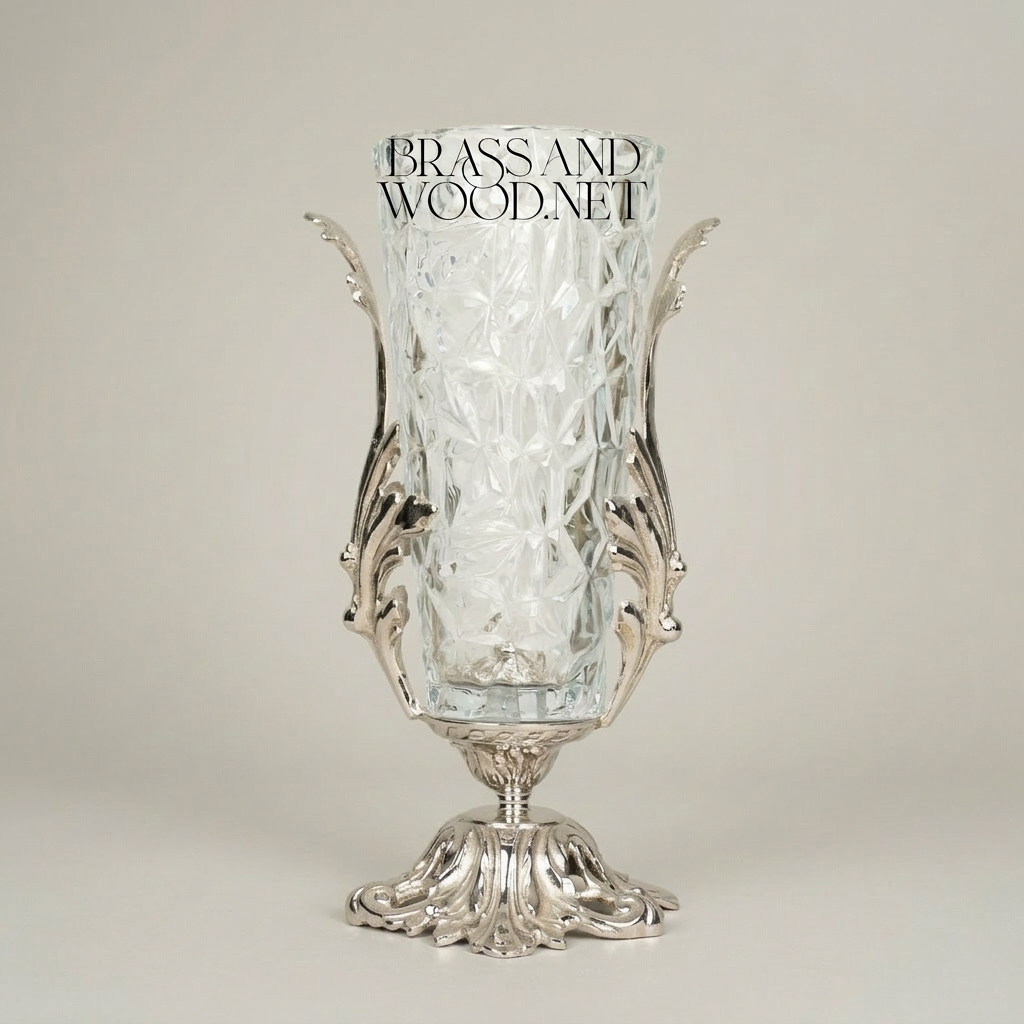 Rococo Brass & Crystal Urn Vase with Acanthus Scroll Handles — Silver
