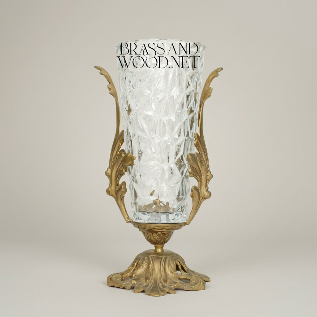 Rococo Brass & Crystal Urn Vase with Acanthus Scroll Handles — Antique Gold
