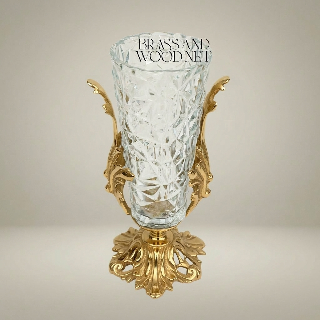 Rococo Brass & Crystal Urn Vase with Acanthus Scroll Handles — Gold
