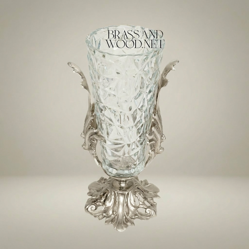 Rococo Brass & Crystal Urn Vase with Acanthus Scroll Handles — Silver