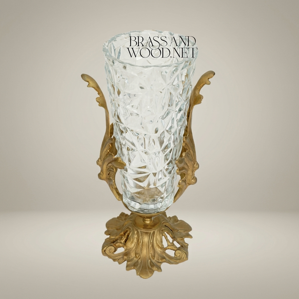 Rococo Brass & Crystal Urn Vase with Acanthus Scroll Handles — Antique Gold