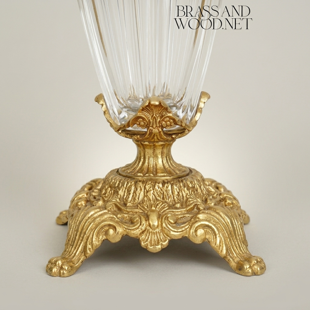 Rococo Brass & Crystal Vase with Scrolled Volute Handles — Antique Gold