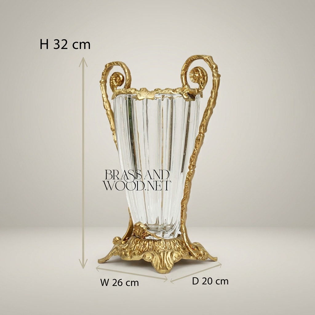Rococo Brass & Crystal Vase with Scrolled Volute Handles — Antique Gold