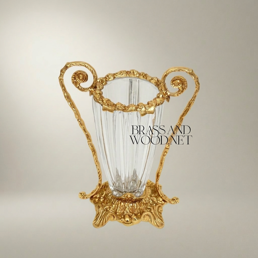 Rococo Brass & Crystal Vase with Scrolled Volute Handles — Gold