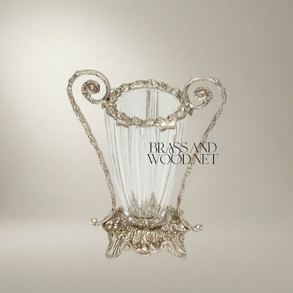 Rococo Brass & Crystal Vase with Scrolled Volute Handles — Silver
