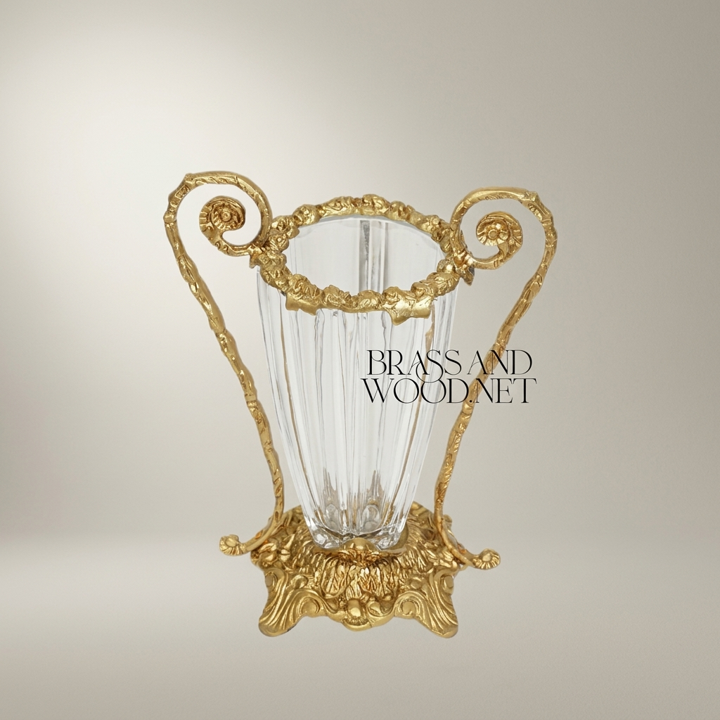 Rococo Brass & Crystal Vase with Scrolled Volute Handles — Antique Gold