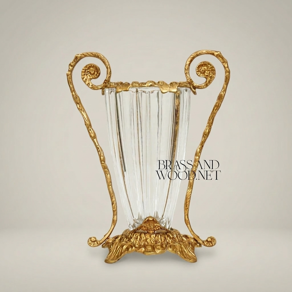 Rococo Brass & Crystal Vase with Scrolled Volute Handles — Gold