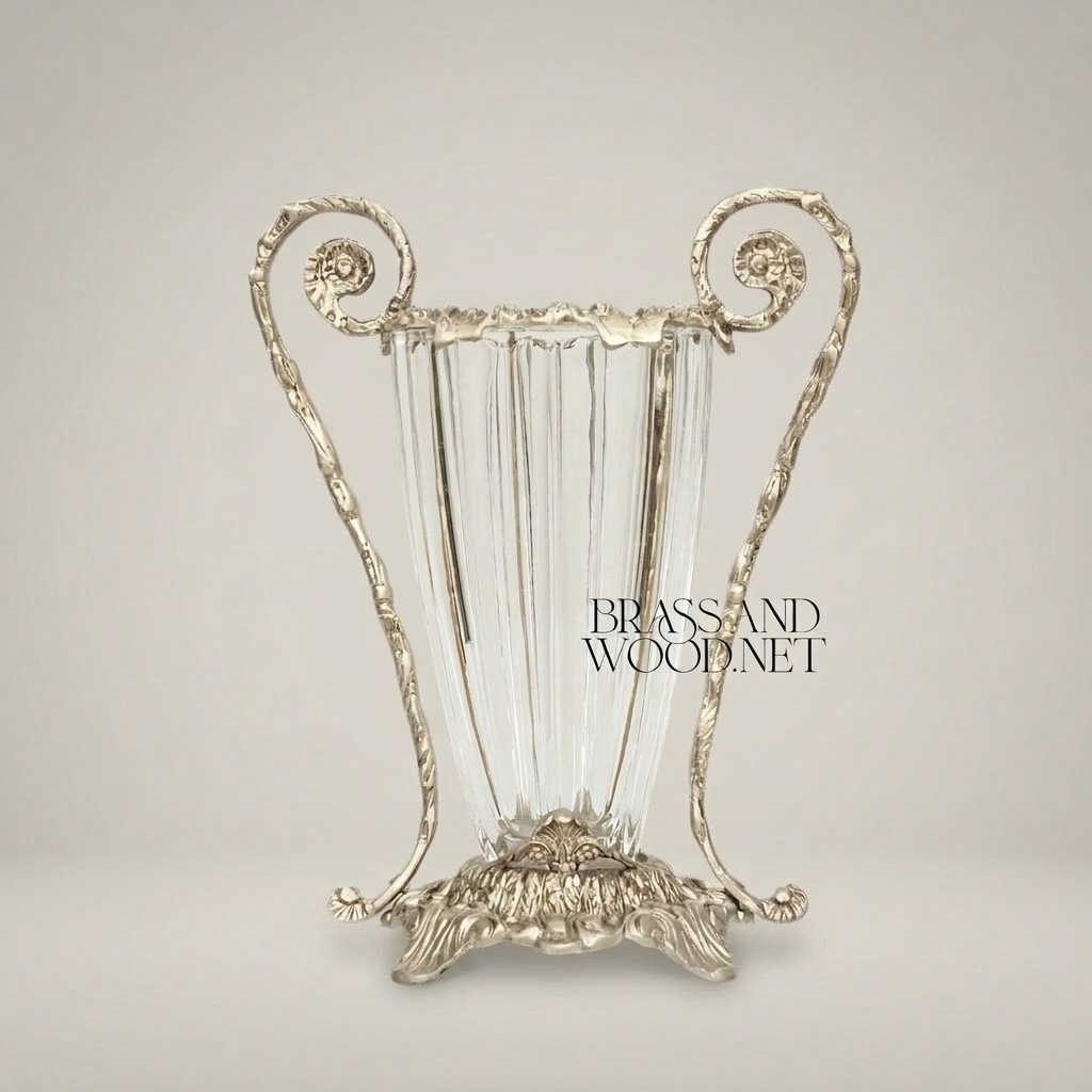 Rococo Brass & Crystal Vase with Scrolled Volute Handles — Silver