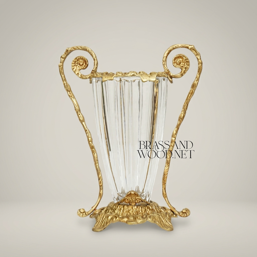 Rococo Brass & Crystal Vase with Scrolled Volute Handles — Antique Gold
