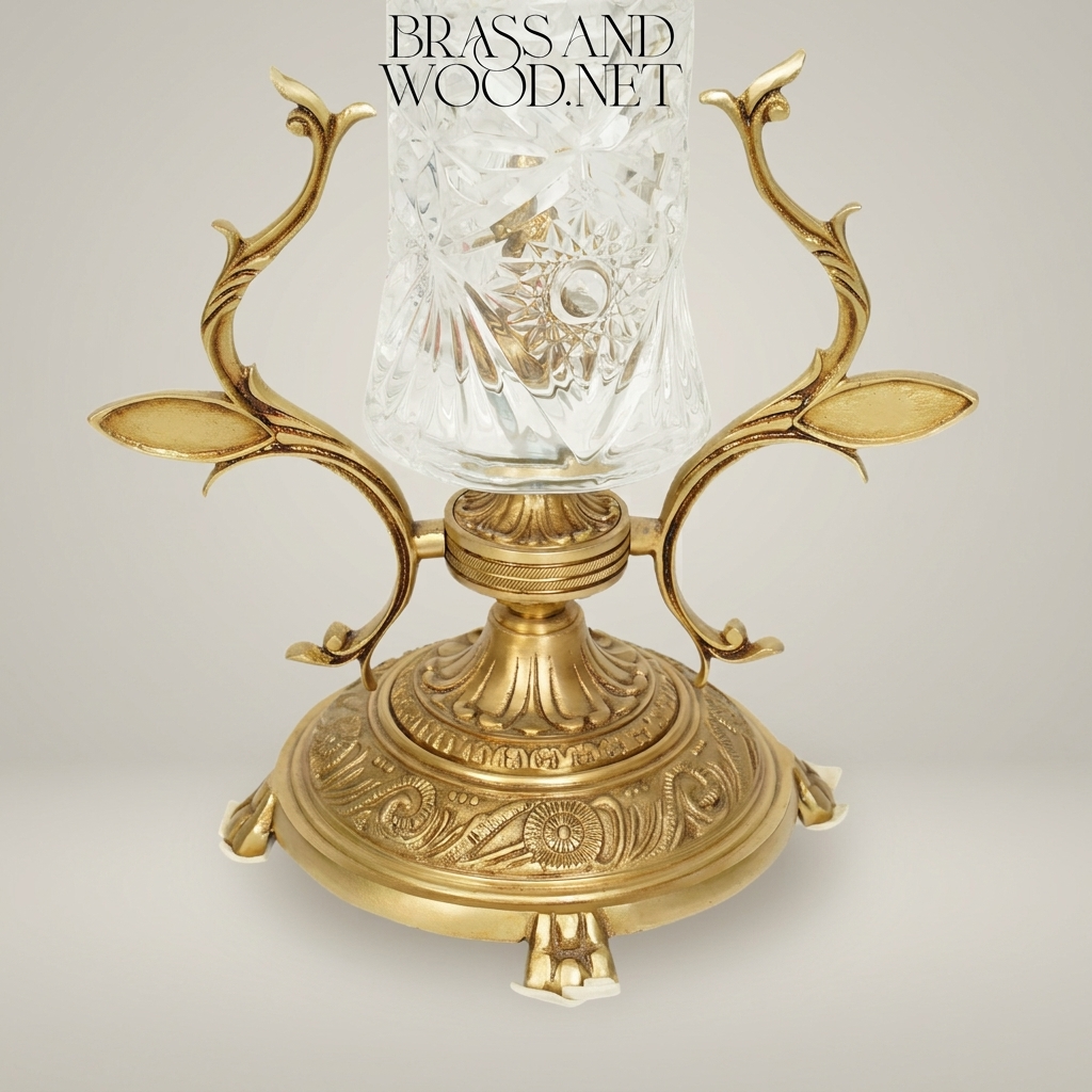 Rococo Brass & Cut Crystal Trumpet Vase with Foliate Branch Stand — Antique Gold