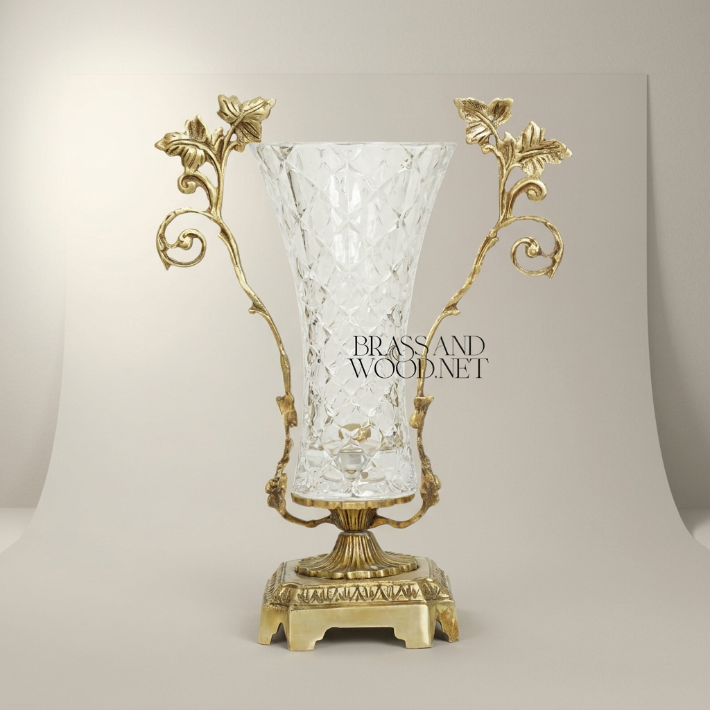 Rococo Brass & Cut-Crystal Trumpet Vase with Foliate Branch Handles — Antique Gold