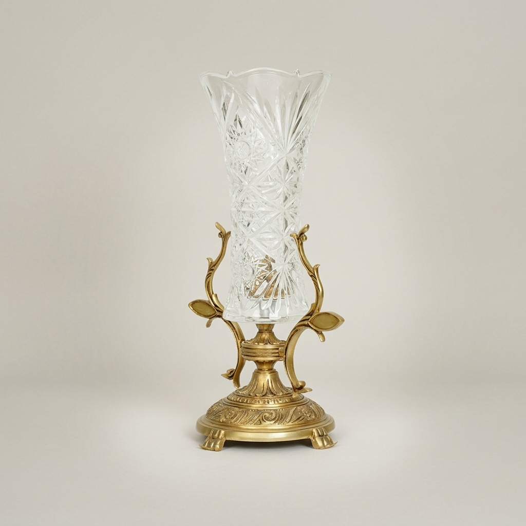 Rococo Brass & Cut Crystal Trumpet Vase with Foliate Branch Stand — Antique Gold