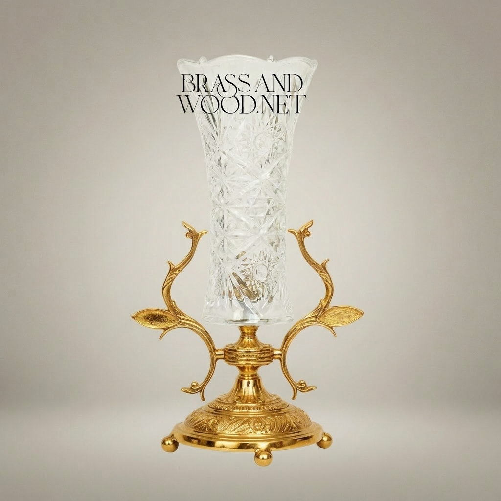 Rococo Brass & Cut Crystal Trumpet Vase with Foliate Branch Stand