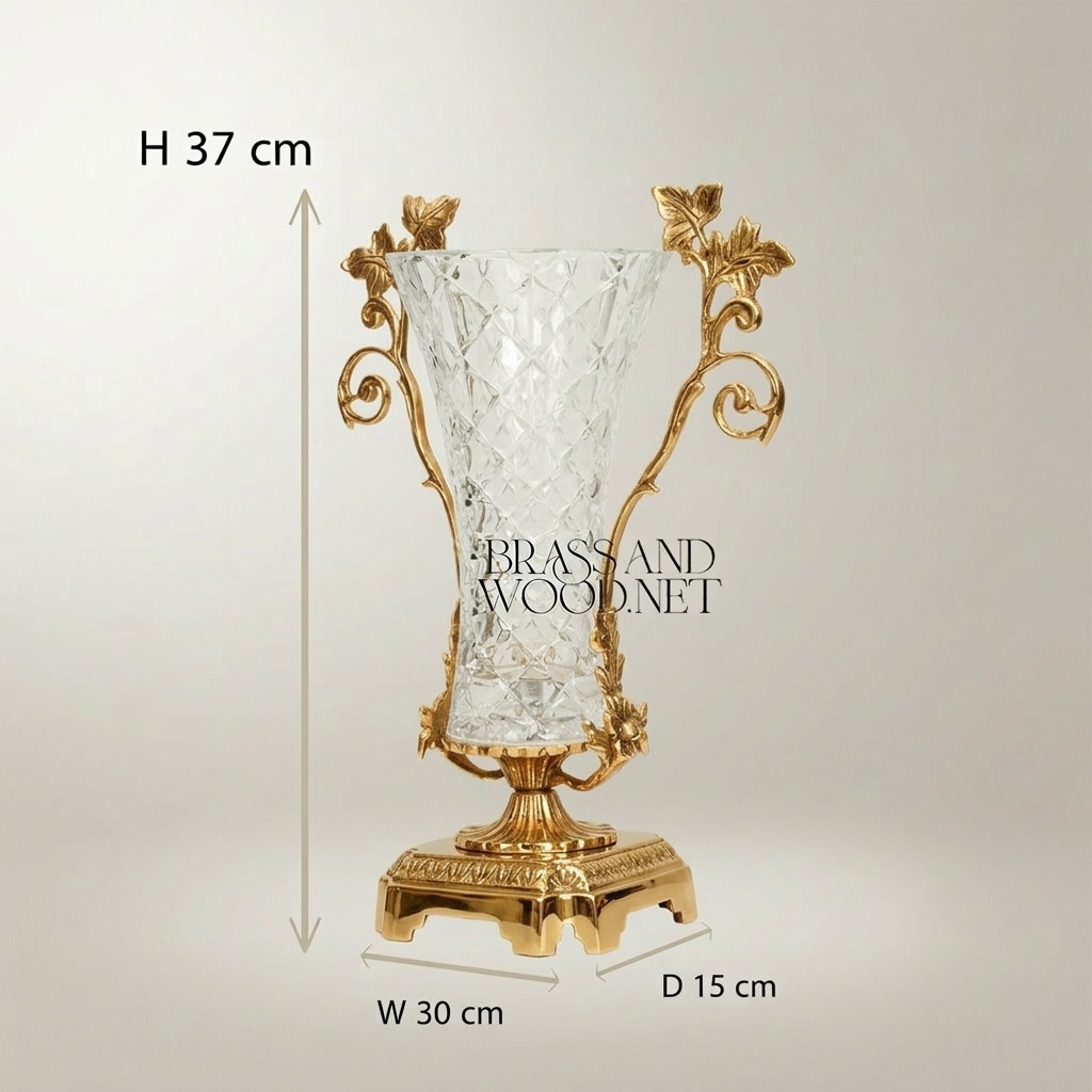 Rococo Brass & Cut-Crystal Trumpet Vase with Foliate Branch Handles — Gold