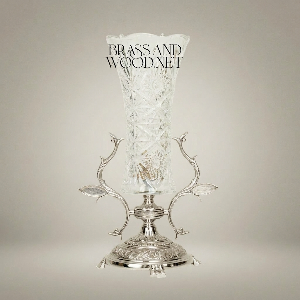 Rococo Brass & Cut Crystal Trumpet Vase with Foliate Branch Stand — Silver