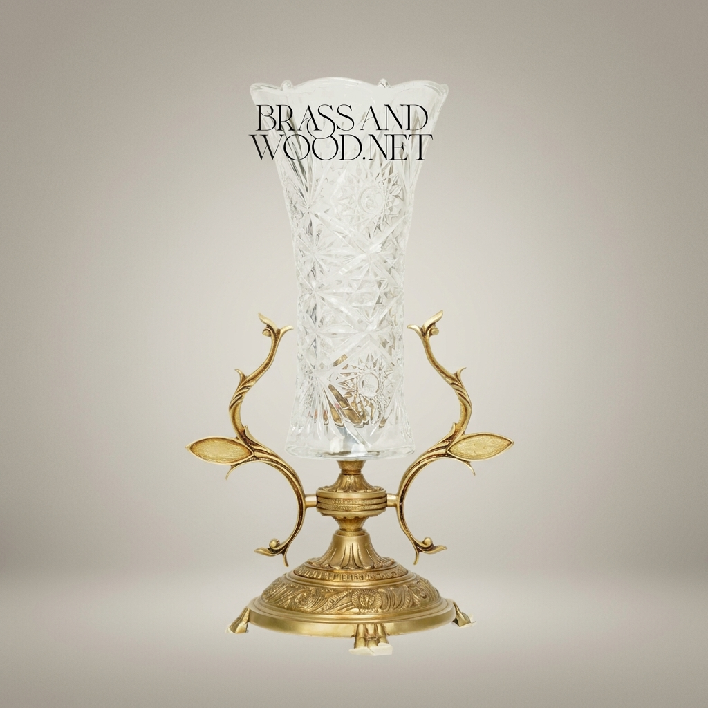 Rococo Brass & Cut Crystal Trumpet Vase with Foliate Branch Stand — Antique Gold