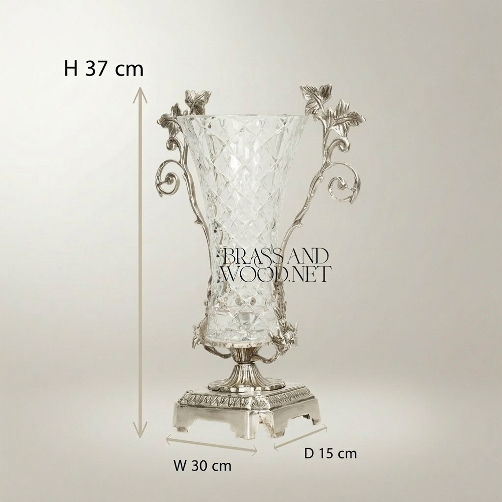 Rococo Brass & Cut-Crystal Trumpet Vase with Foliate Branch Handles — Silver