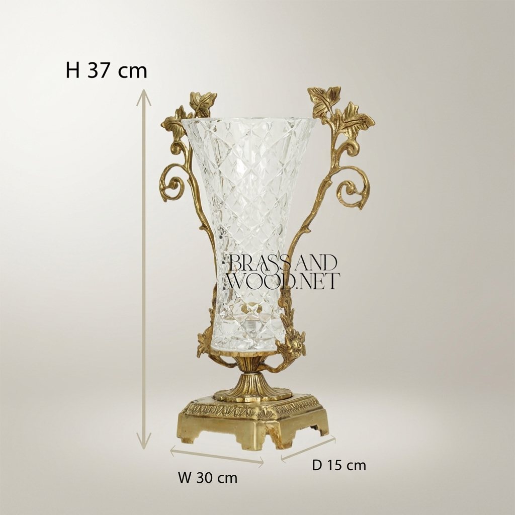 Rococo Brass & Cut-Crystal Trumpet Vase with Foliate Branch Handles — Antique Gold