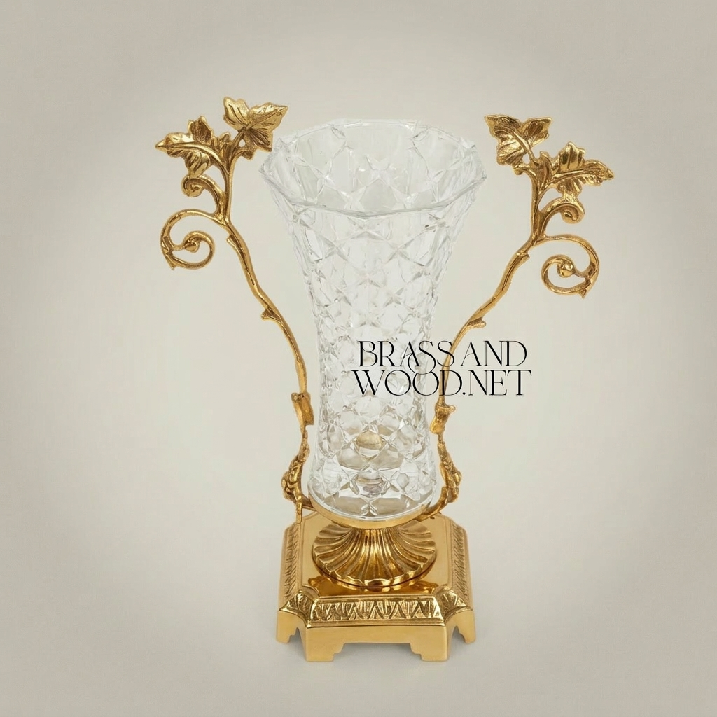 Rococo Brass & Cut-Crystal Trumpet Vase with Foliate Branch Handles