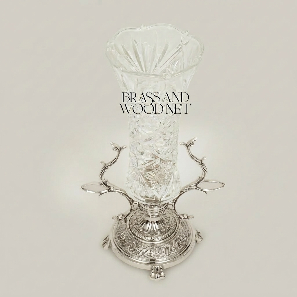 Rococo Brass & Cut Crystal Trumpet Vase with Foliate Branch Stand — Silver