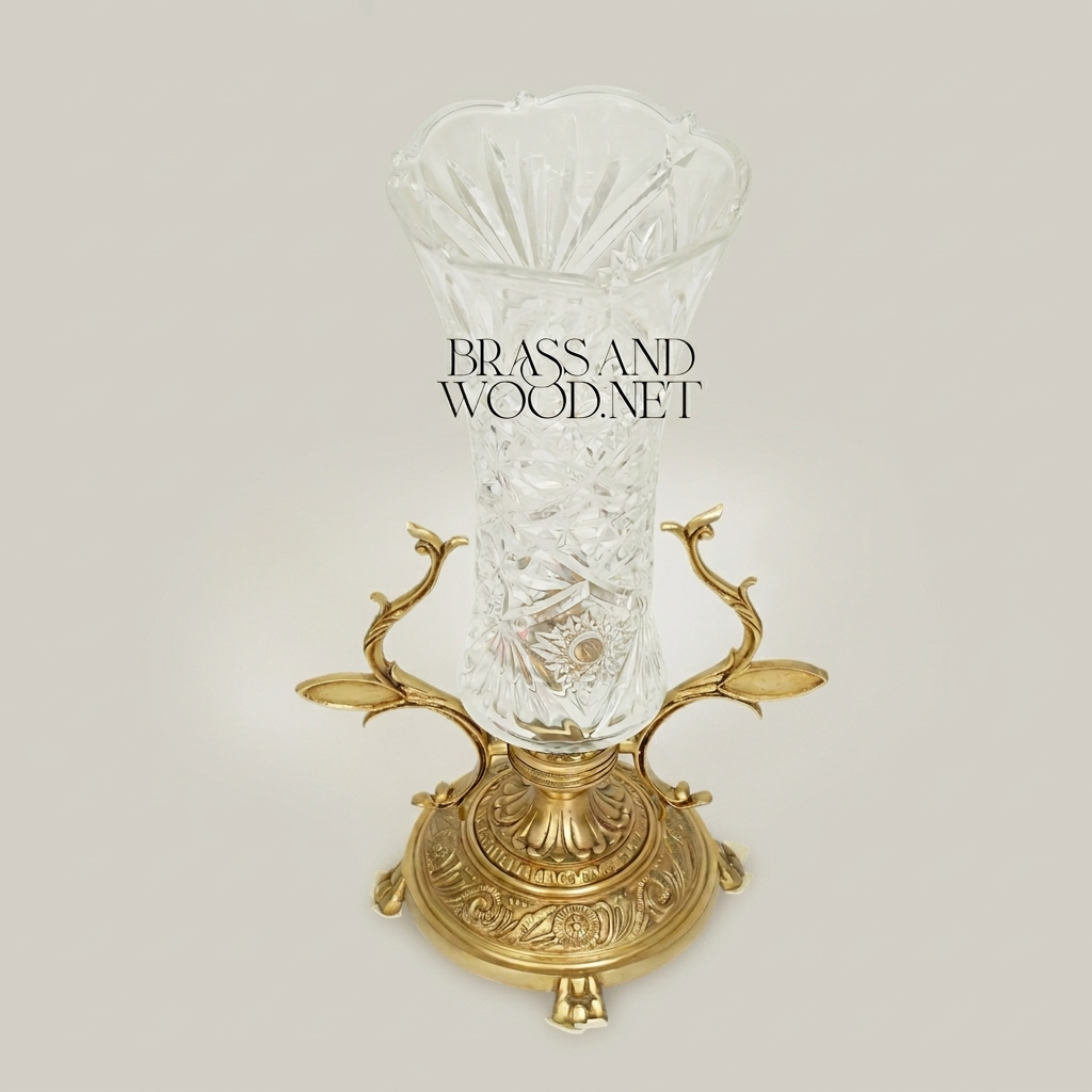 Rococo Brass & Cut Crystal Trumpet Vase with Foliate Branch Stand — Antique Gold