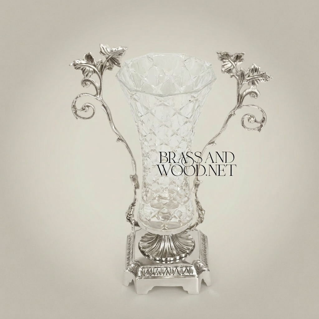 Rococo Brass & Cut-Crystal Trumpet Vase with Foliate Branch Handles — Silver