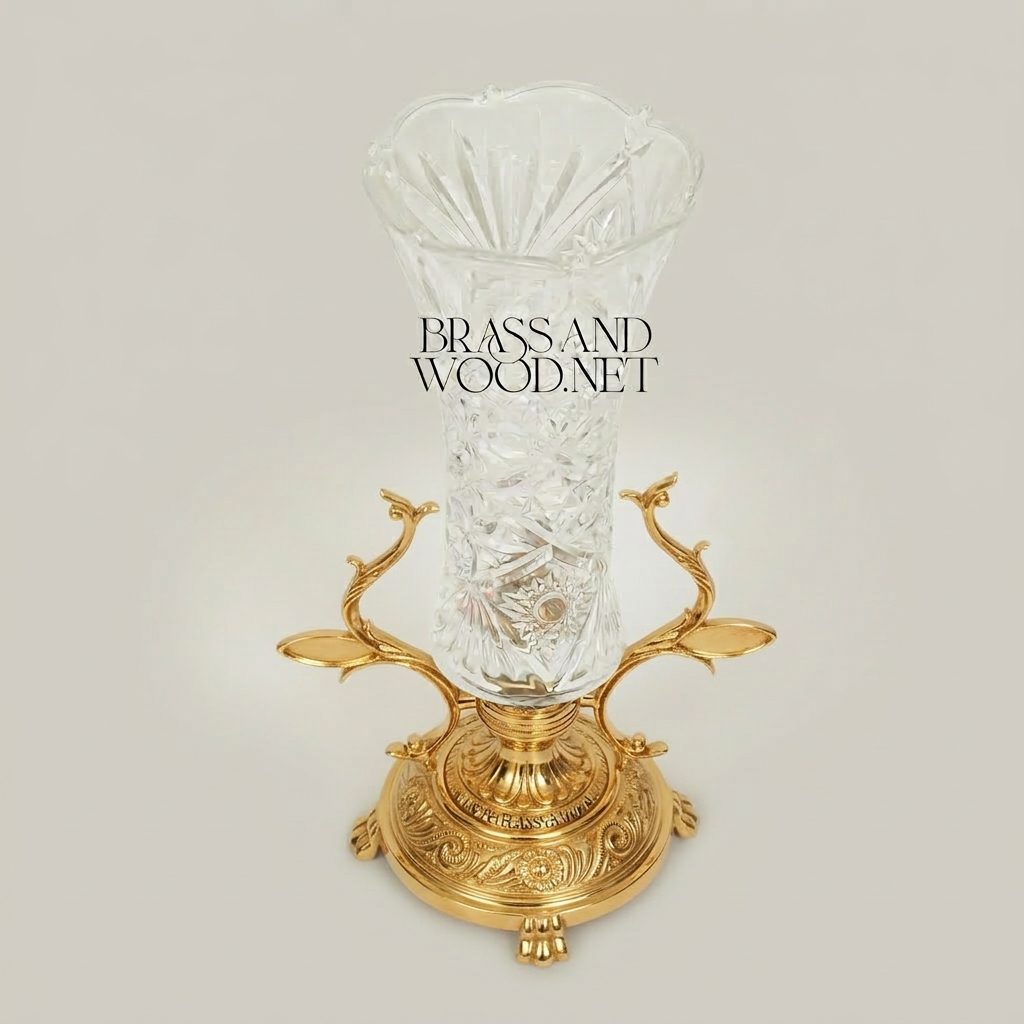 Rococo Brass & Cut Crystal Trumpet Vase with Foliate Branch Stand — Gold