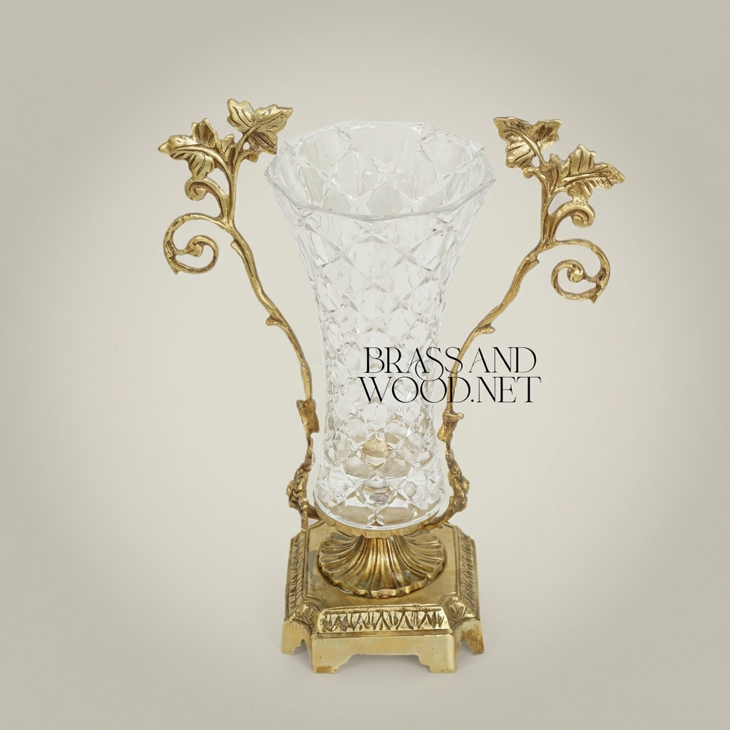 Rococo Brass & Cut-Crystal Trumpet Vase with Foliate Branch Handles — Antique Gold