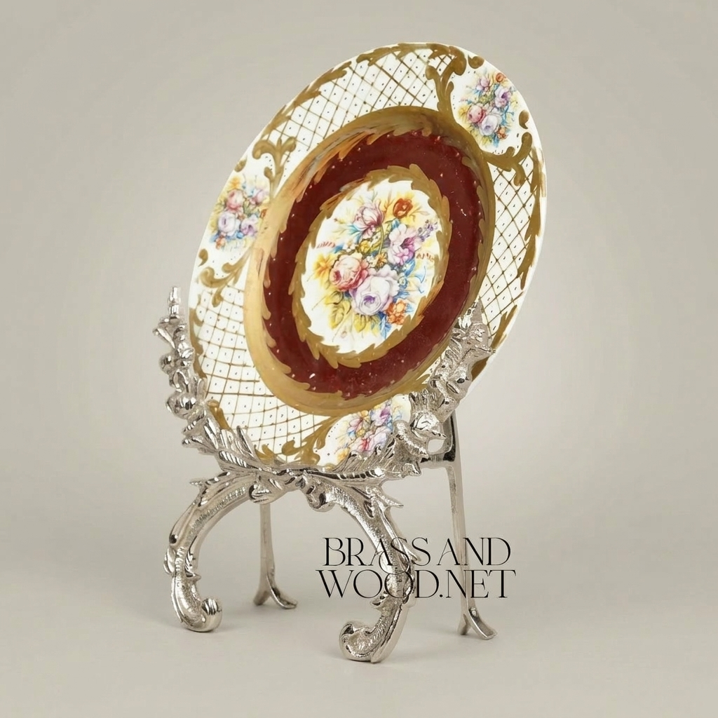 Rococo Brass Decorative Plate Stand - Acanthus Scroll Easel — Silver
