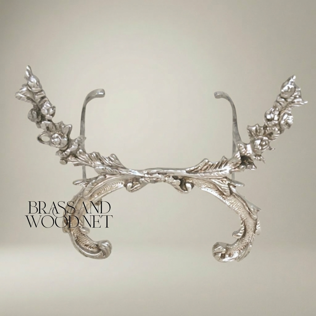 Rococo Brass Decorative Plate Stand - Acanthus Scroll Easel — Silver