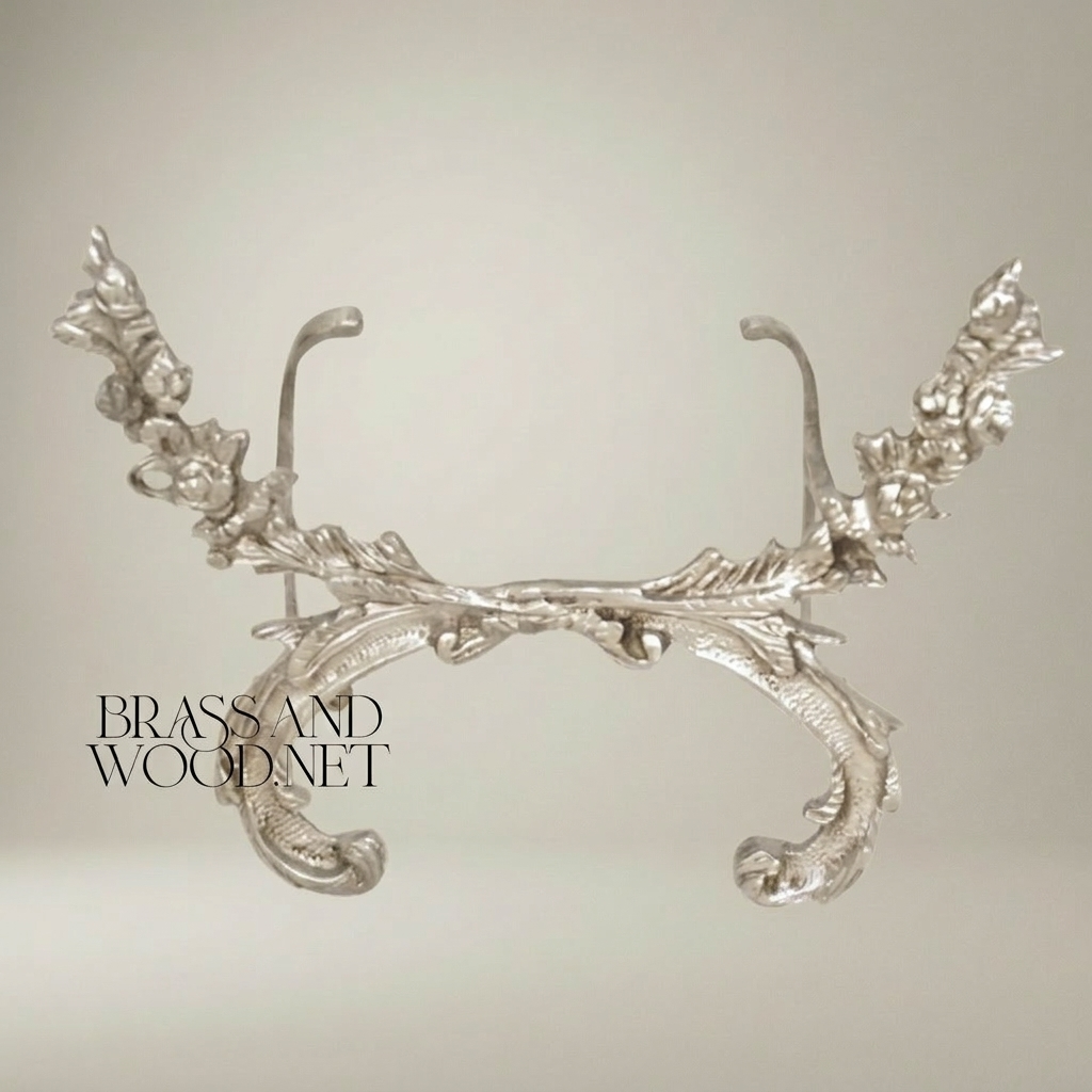 Rococo Brass Decorative Plate Stand - Acanthus Scroll Easel — Silver