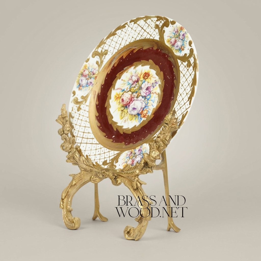 Rococo Brass Decorative Plate Stand - Acanthus Scroll Easel — Antique Gold