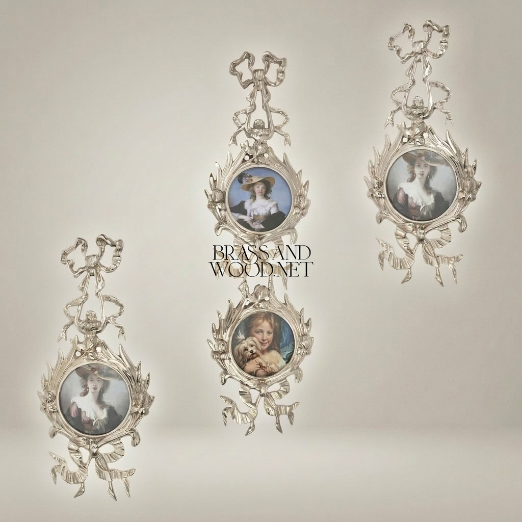 Rococo Brass Double Medallion Wall Frame - Ribbon & Acanthus Cascade — Silver
