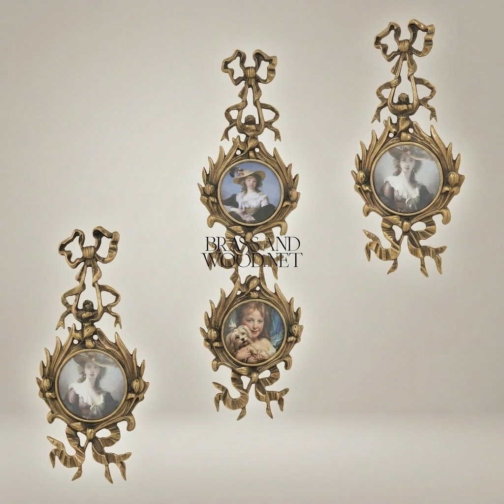 Rococo Brass Double Medallion Wall Frame - Ribbon & Acanthus Cascade — Antique Gold