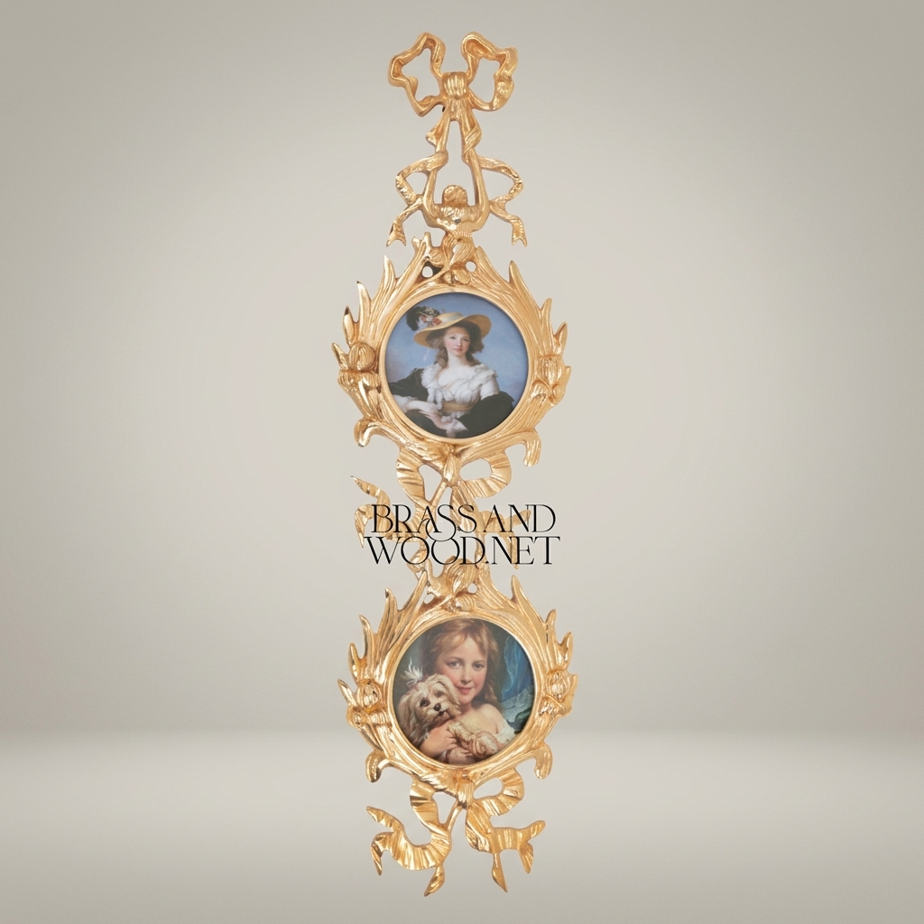 Rococo Brass Double Medallion Wall Frame - Ribbon & Acanthus Cascade — Gold