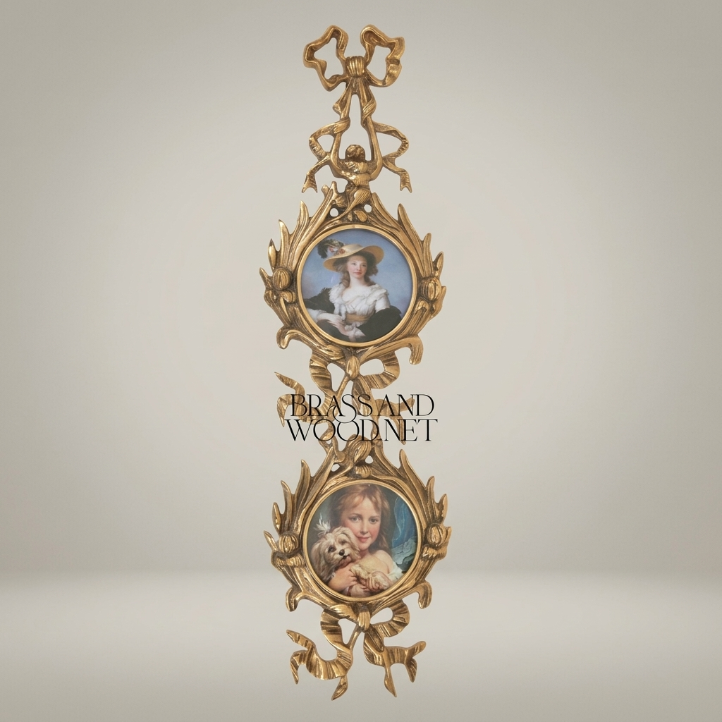 Rococo Brass Double Medallion Wall Frame - Ribbon & Acanthus Cascade — Antique Gold