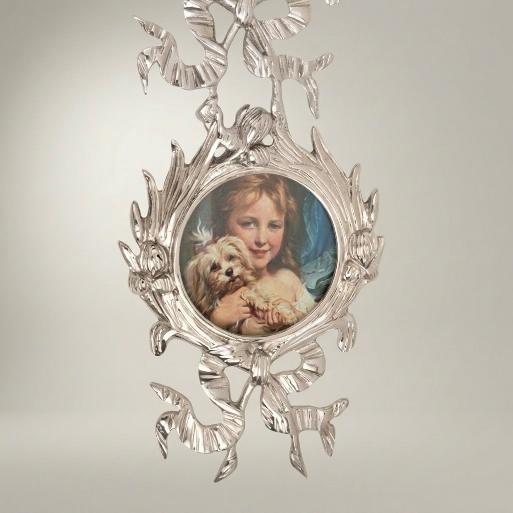 Rococo Brass Double Medallion Wall Frame - Ribbon & Acanthus Cascade — Silver