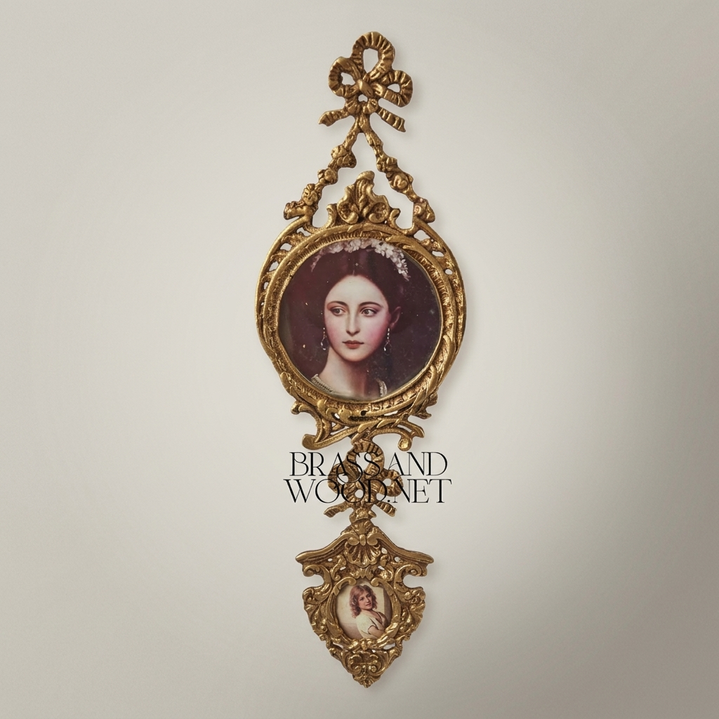 Rococo Brass Double Portrait Medallion Wall Frame with Ribbon Crest — Antique Gold