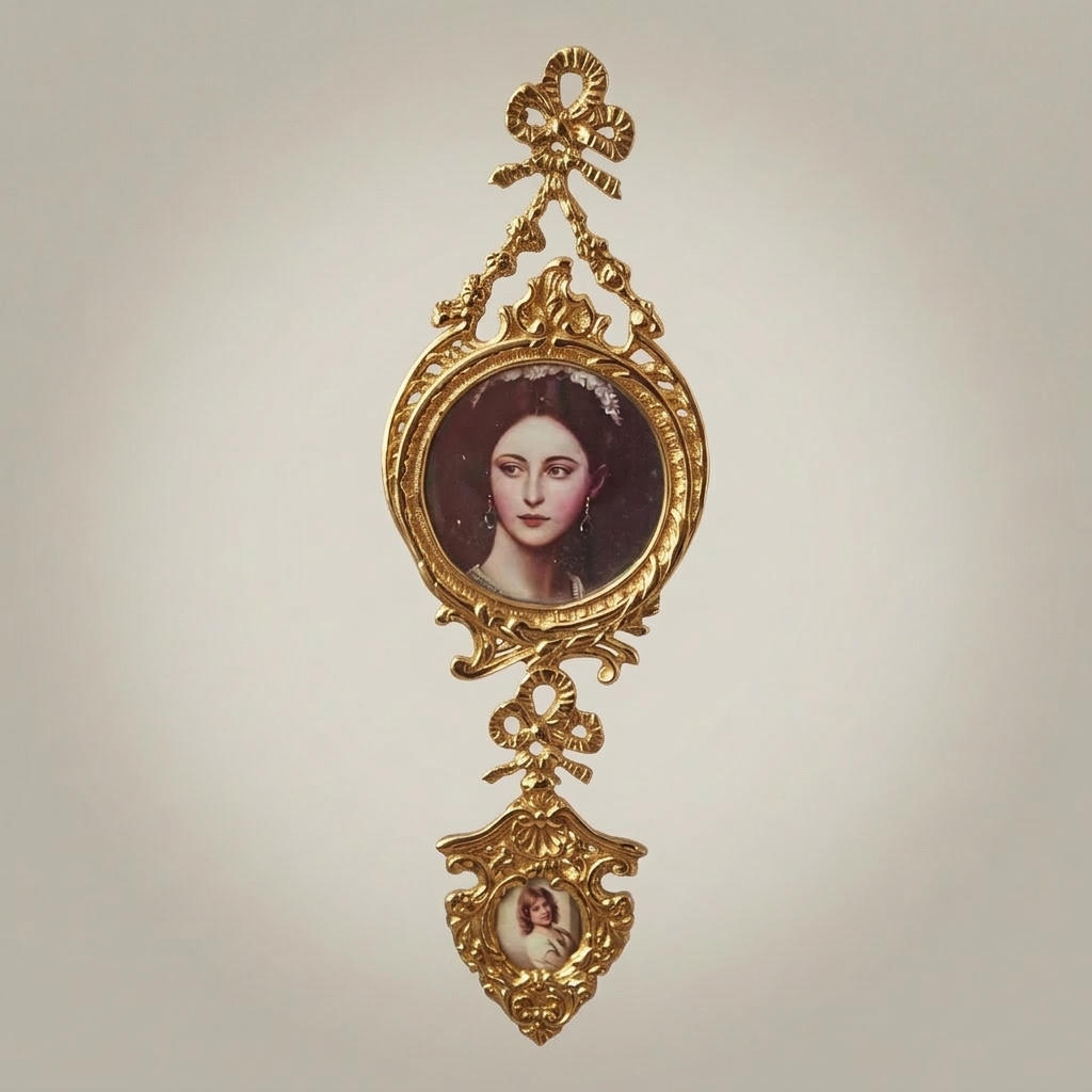 Rococo Brass Double Portrait Medallion Wall Frame with Ribbon Crest — Gold