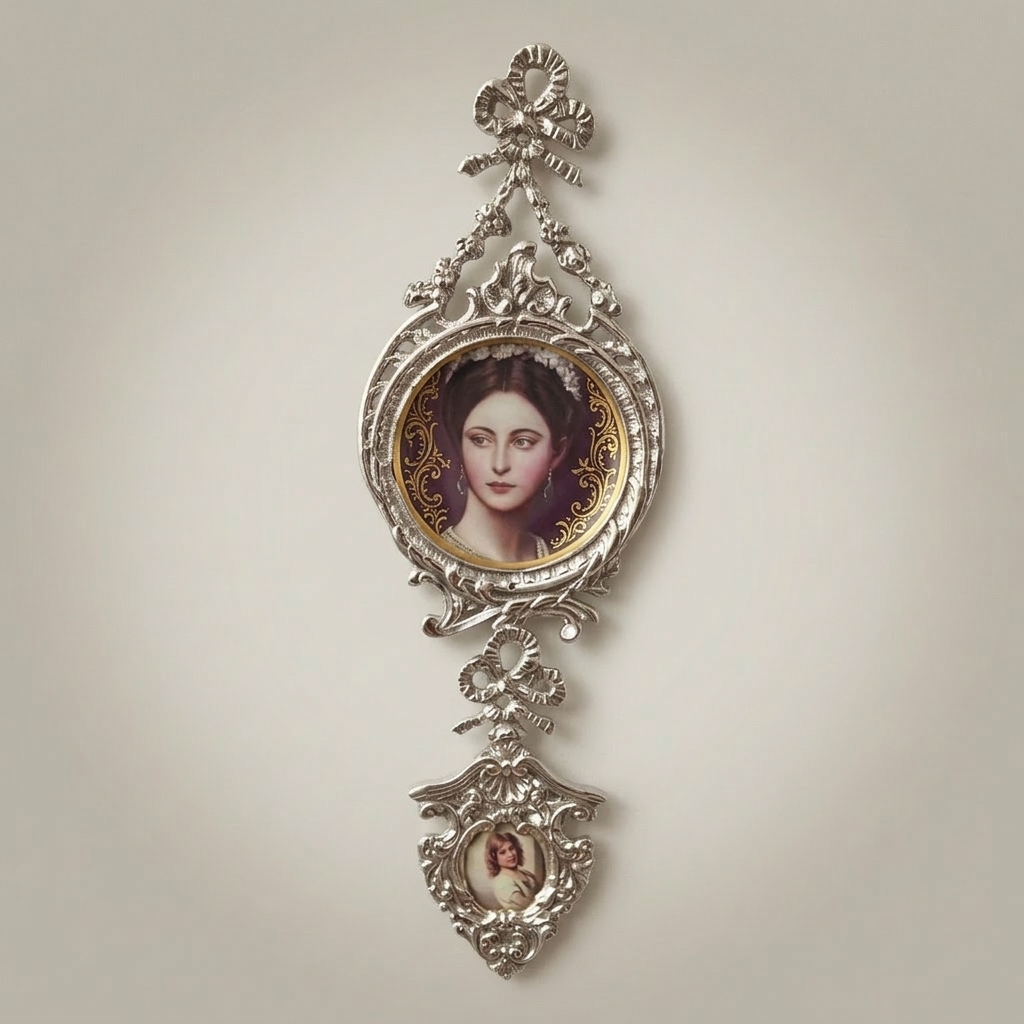 Rococo Brass Double Portrait Medallion Wall Frame with Ribbon Crest — Silver