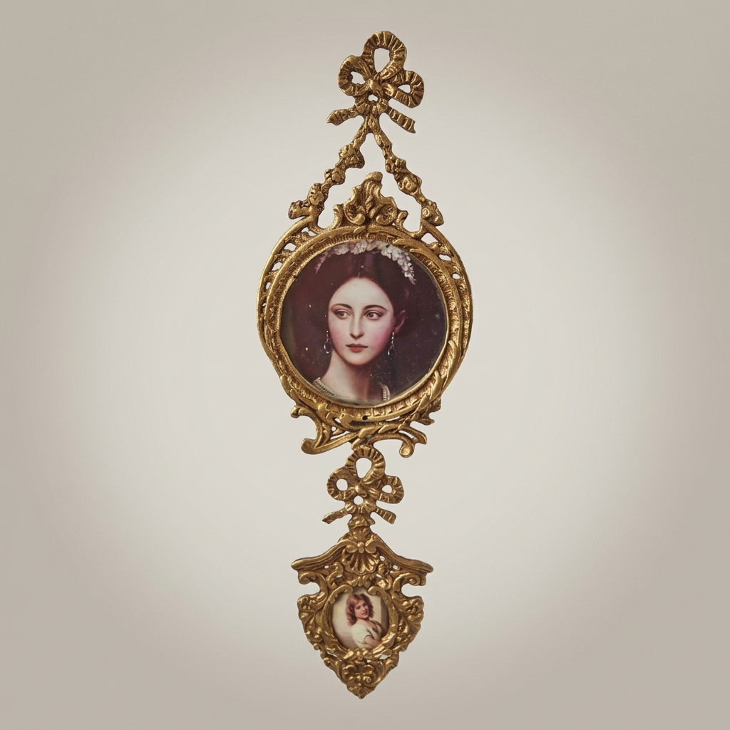 Rococo Brass Double Portrait Medallion Wall Frame with Ribbon Crest — Antique Gold