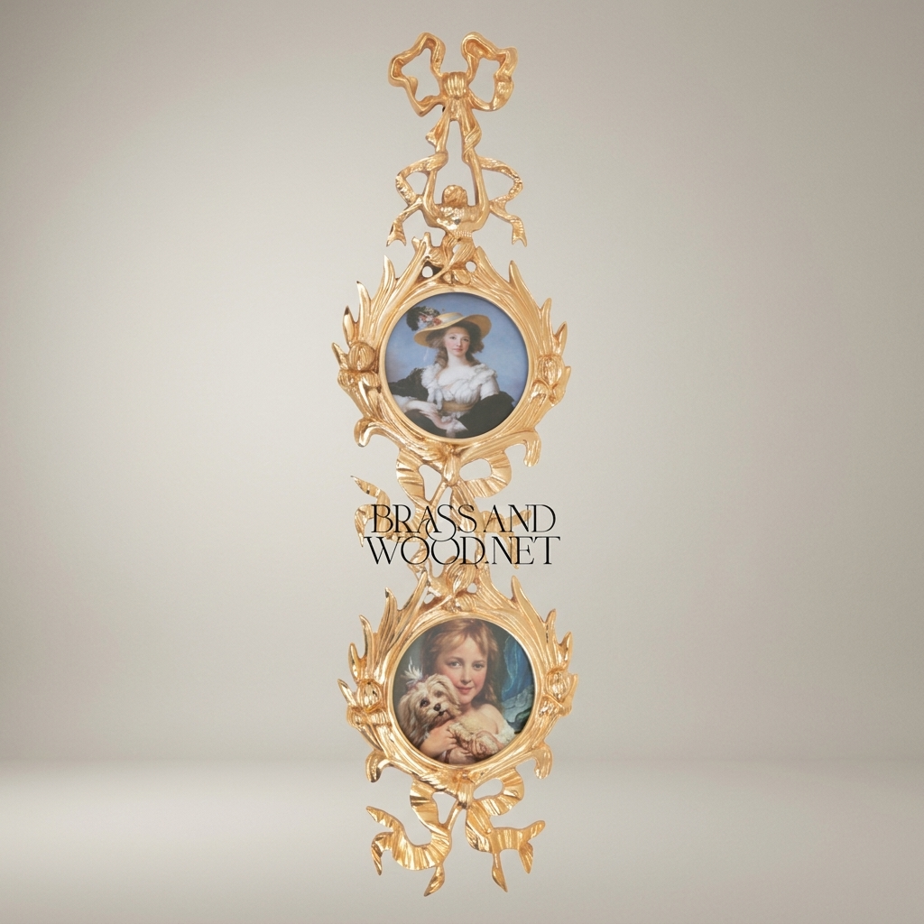 Rococo Brass Dual Portrait Wall Frame with Ribbon & Acanthus Cascade